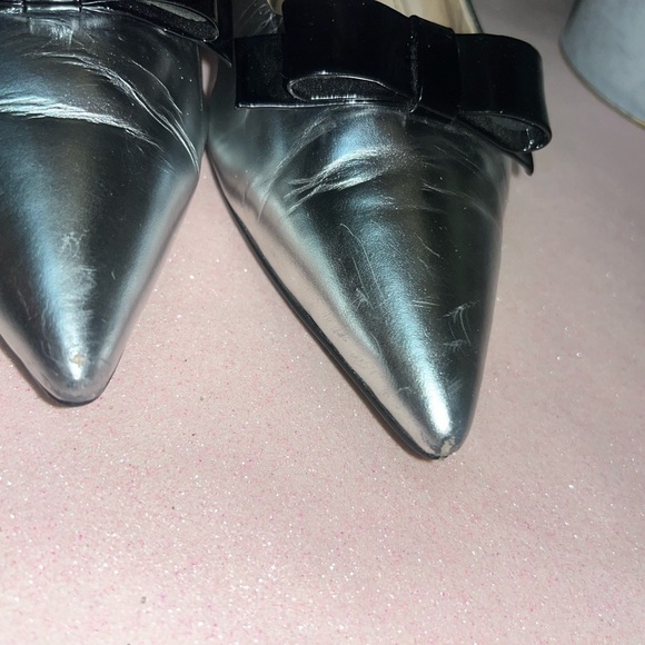 Prada patten silver leather kitten heels with black leather bow size 6.5 US - Picture 5 of 14